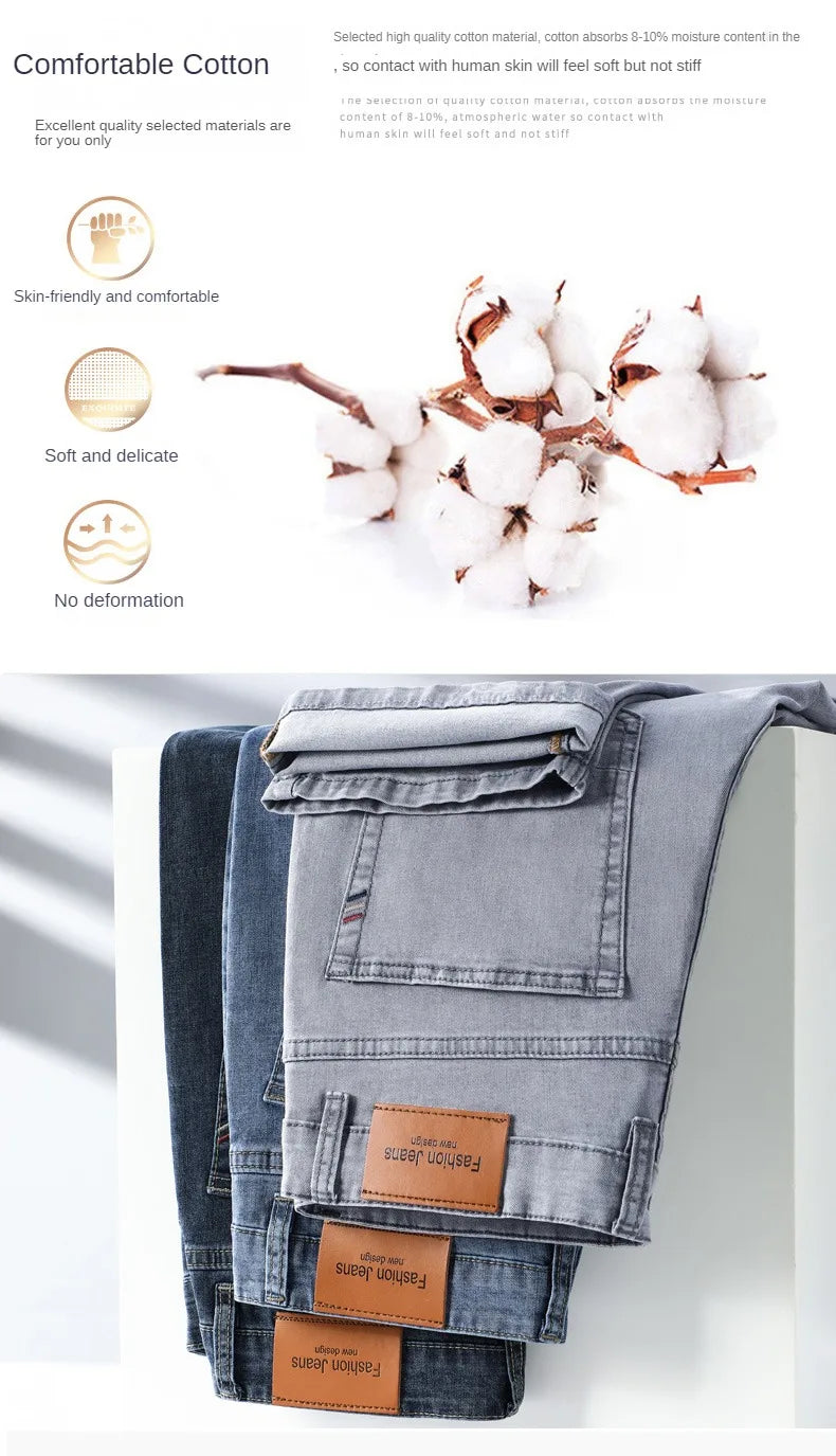 2024 Brand Thin or Thick Material Straight Cotton Stretch Denim Men's  Business Casual High Waist Light Grey Blue Jeans