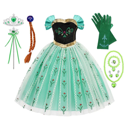 Elsa Anna Dress for Girls Short Sleeve Dress Snow Queen Floral Print Dress Cosplay Birthday Party Children Kids Carnival Clothes