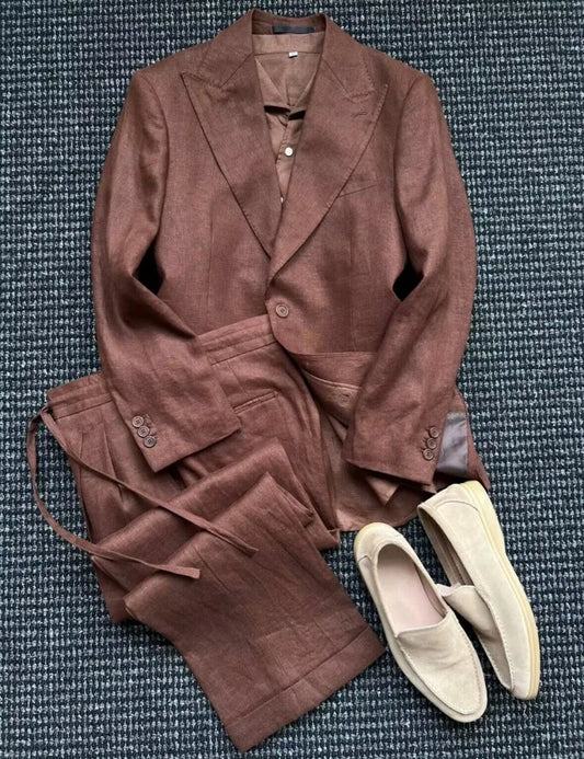British Style Mens Linen Thin Suit Sets Slim Single Breasted Retro Blazers Pant Outfits Spring Summer Male Coat Two-Piece Set