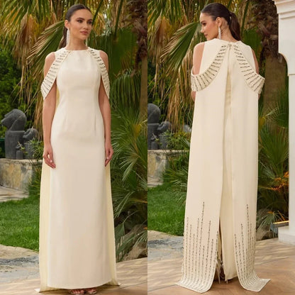 Customized High Quality Classic Jersey Rhinestone Pleat Straight Scoop Neck Long Dresses Bespoke Occasion Dresses Formal Fashion