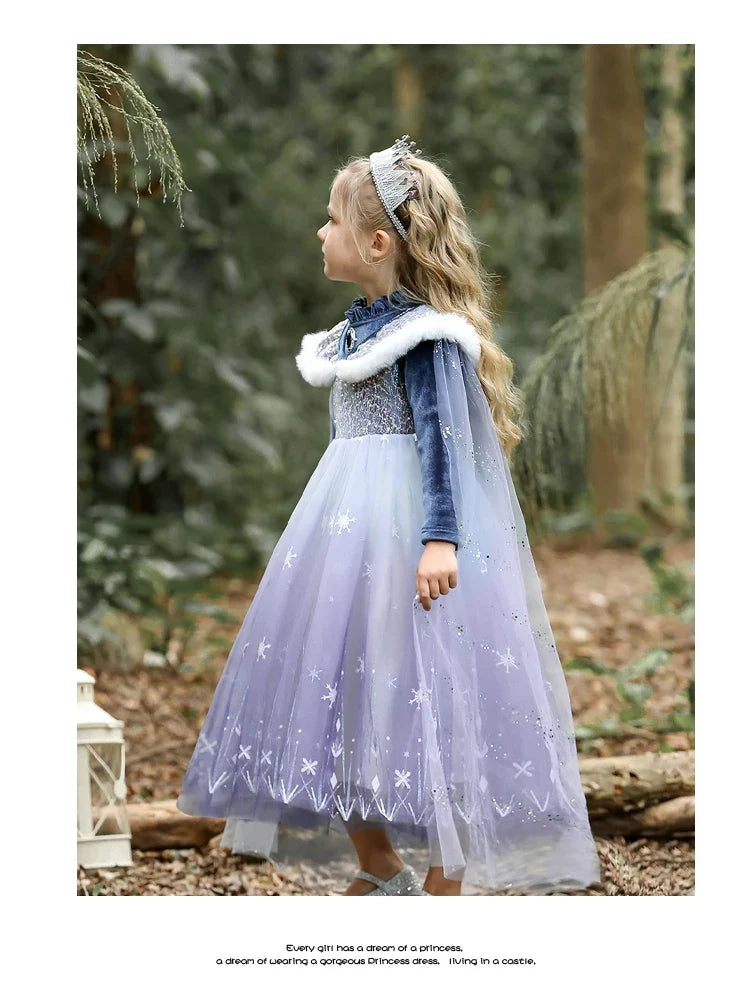 Girls' Spring 2026 New Velvet Elsa Frozen Princess Dress Kids Blue Cape 2 Piece Set Warm Dresses For Girl Party 3-9 Years Old ﻿