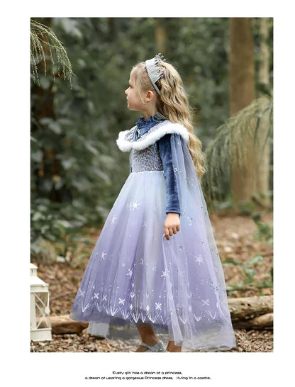 Girls' Spring 2026 New Velvet Elsa Frozen Princess Dress Kids Blue Cape 2 Piece Set Warm Dresses For Girl Party 3-9 Years Old ﻿