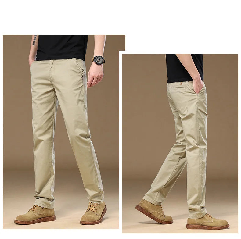 97% Cotton Cargo Style Casual Pants Men's Splicing Straight Fashion Elastic Business Trousers Spring Autumn Male Clothes Pants