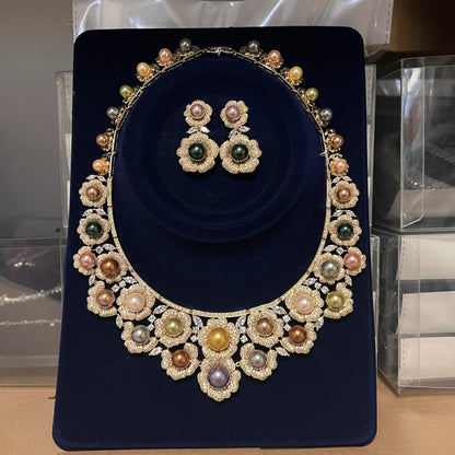 High Quality Zircon Pearls Jewelry sets Luxury Designer Flower Necklace Women Sparkling Dubai Bridal Party Costume Accessories