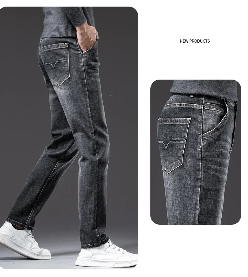 New Men's Slim Straight Elastic Jeans Fashion Business Casual Comfortable Soft Denim Trousers High Quality Mens Designer Clothes