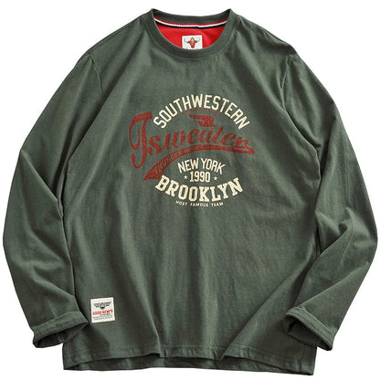 Autumn New American Retro Long-sleeved O-neck Letter Printed T-shirt Men's Fashion Simple 100% Cotton Washed Casual Sport Tops