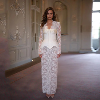 Customized White Mermaid Bow Collar Wedding Dress Lace Long Sleeve Lace-Up vestidos de noche Floor-Length robe de mariée