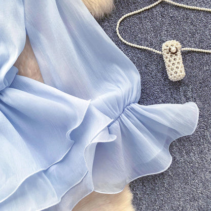 3D Floral Beach Short Dress Female Long Sleeves Lace Up Ruffle Chiffon Cake Sundress Sheer Sexy Vintage Bohemian Dress