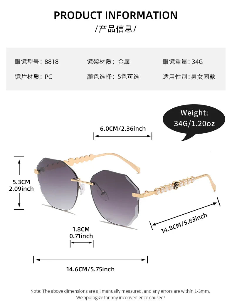 Women's Rimless Cut Edge Sunglasses Pearl Temple Gradient Lens Sun Glasses Elegant Y2K UV400 Shades Luxury Metal Fashion Eyewear