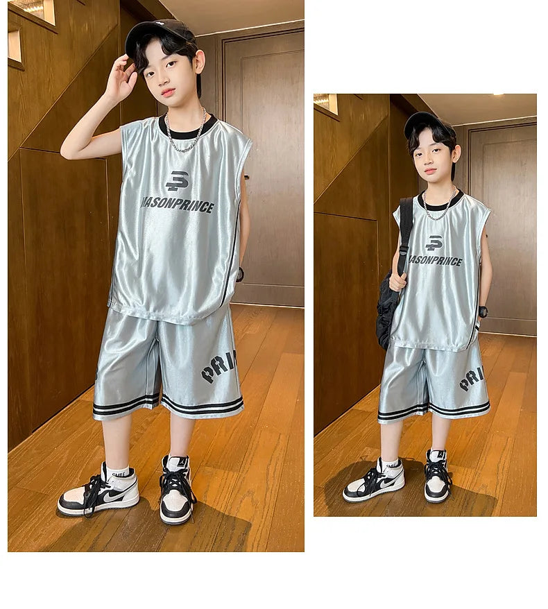 Summer Boys Quick-dry Glossy Alphabet T-Shirt Top+Shorts Sportswear Set School Kids 2PCS Tracksuit Children Jersey Outfit 5-16Yr