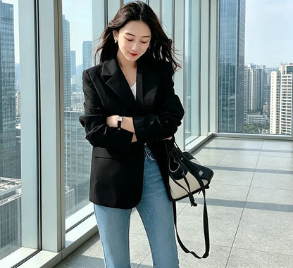 Chic Black Oversized Blazer for Women, Casual Office Lady Suit Jacket, Y2K Fashion Business Blazer, Spring Autumn Streetwear Out