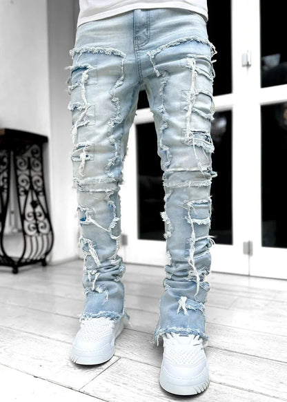 New European and American Heavyweight Streetwise Stretch Patch Jeans for Men, High Street Straight Fit Long Jeans16-3001