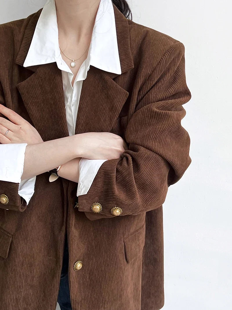 Brown Corduroy Suit Jackets Women's Spring New Fashion Loose Casual Blazers Notched Collar Single Breasted Pockets Female Tops