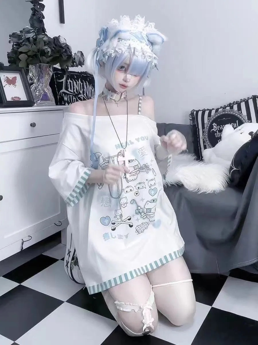 Japanese Harajuku Sweet Graphic T Shirts Women Cat Print Summer Off shoulder Top Short-sleeve Oversize Tees Loose Casual T shirt