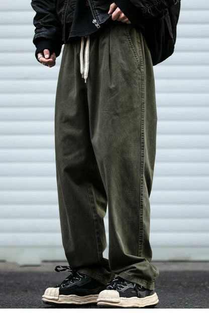 Spring Summer Cargo Pants Men Cotton Enzyme Wash Distressed Loose Fit Straight Leg Khaki Drawstring Elastic Waist Casual Pants