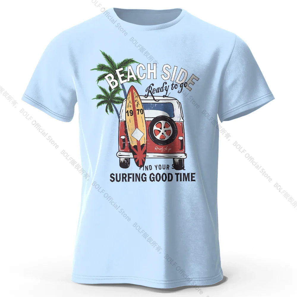 Vintage Surf Badge Printed Unisex Men Women T-Shirt Tees Tops 100% Cotton Retro Wave Graphic Beach Club Wear