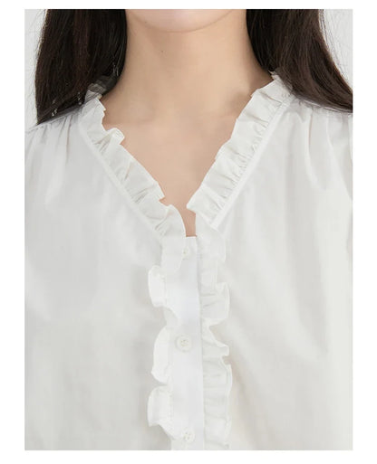 Women Shirts Loose Casual Cotton Ruffled Edge White Short Sleeved Shirt Female Blouses for Woman Summer 2025