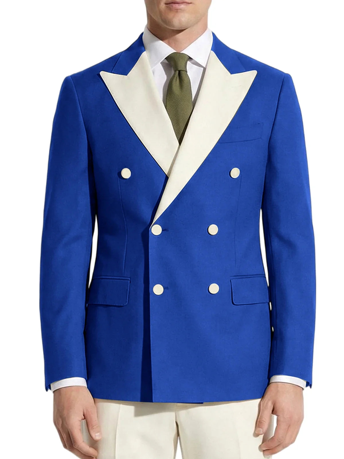 Classic Men's Tuxedo Jacket White Peak Lapel Patched Double Breasted Slim Fit Blazer for Business Formal Wedding Groom Prom Coat