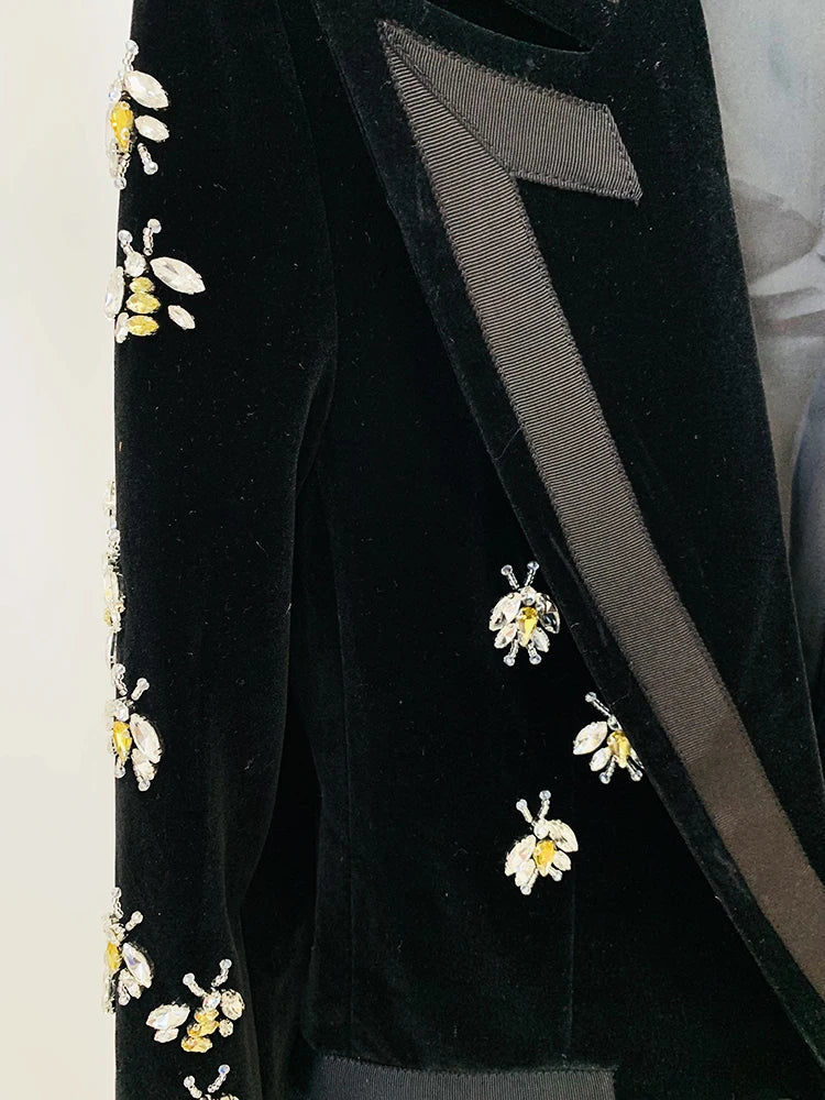 HIGH STREET Newest 2026 F/W Designer Jacket Women's Single Button Stunning Rhinestone Diamonds Beaded Bee Velvet Long Blazer