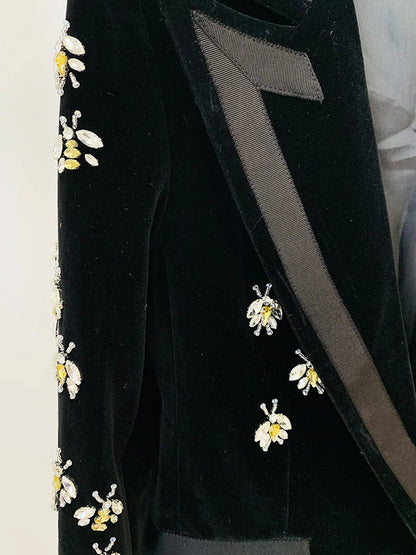 HIGH STREET Newest 2026 F/W Designer Jacket Women's Single Button Stunning Rhinestone Diamonds Beaded Bee Velvet Long Blazer