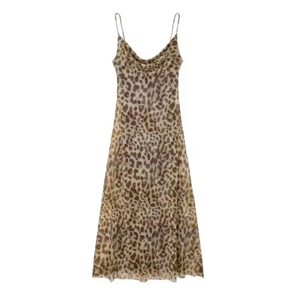 Women Vintage Leopard Print Spaghetti Strap Dress Sexy Backless Tulle Long Dresses Fashion Y2k High Street Vestido Mujer