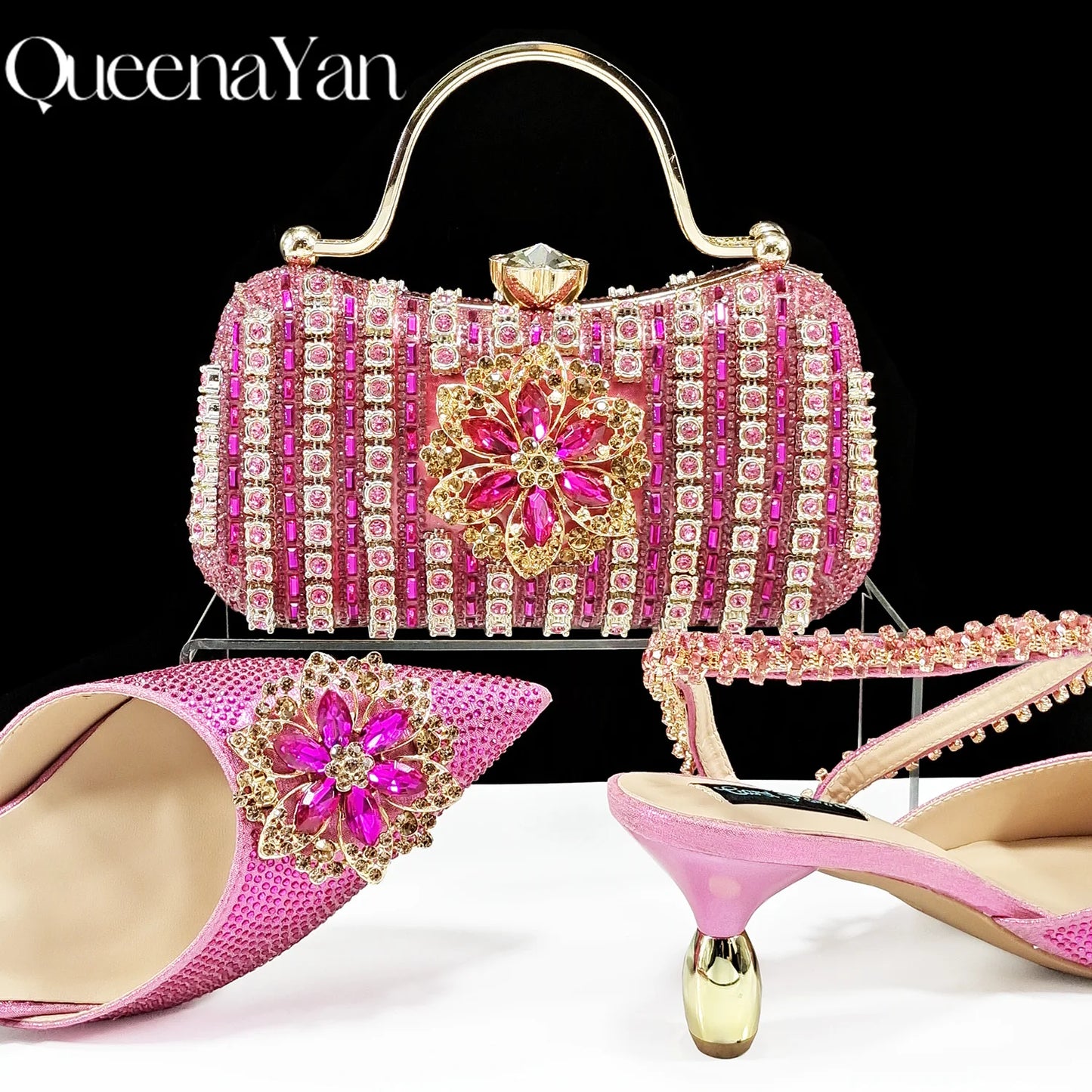 2024 Party Perfection: Rhinestone-Embellished Heels and Gold Mini Bag for Elegant Nights