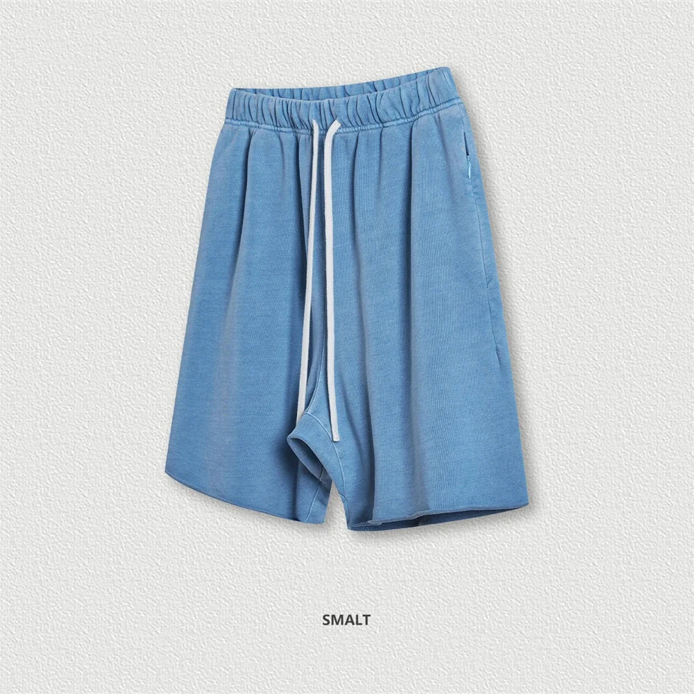 New Summer Men Retro Washed Shorts Unisex Drawstring Loose Edge 420gsm Solid Knee Length Cotton Pants Streetwears HY0589