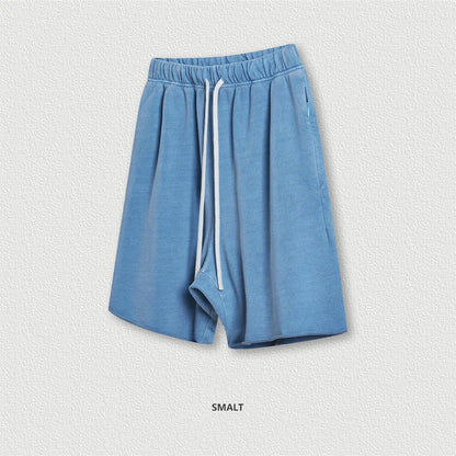 New Summer Men Retro Washed Shorts Unisex Drawstring Loose Edge 420gsm Solid Knee Length Cotton Pants Streetwears HY0589