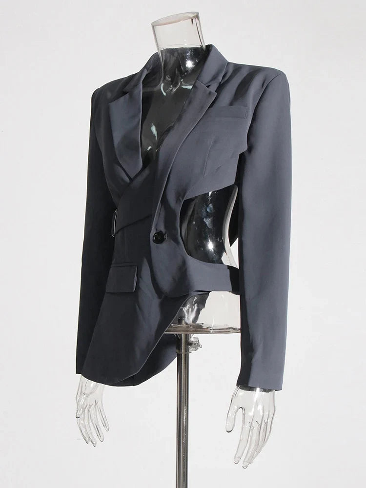 Solid Hollow Out Backless Slimming Blazers For Women Notched Collar Long Sleeve Spliced Button Blazer Female New