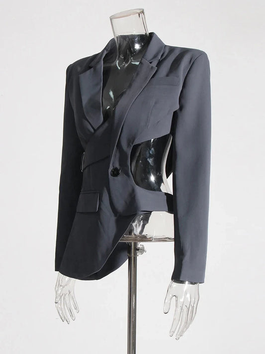 Solid Hollow Out Backless Slimming Blazers For Women Notched Collar Long Sleeve Spliced Button Blazer Female New