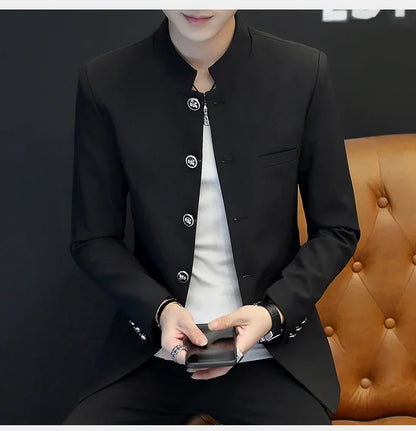2024 Men's Slim Fit Long Sleeve Casual Suit Korean Trend Stand Collar Fashion Handsome Male Suit
