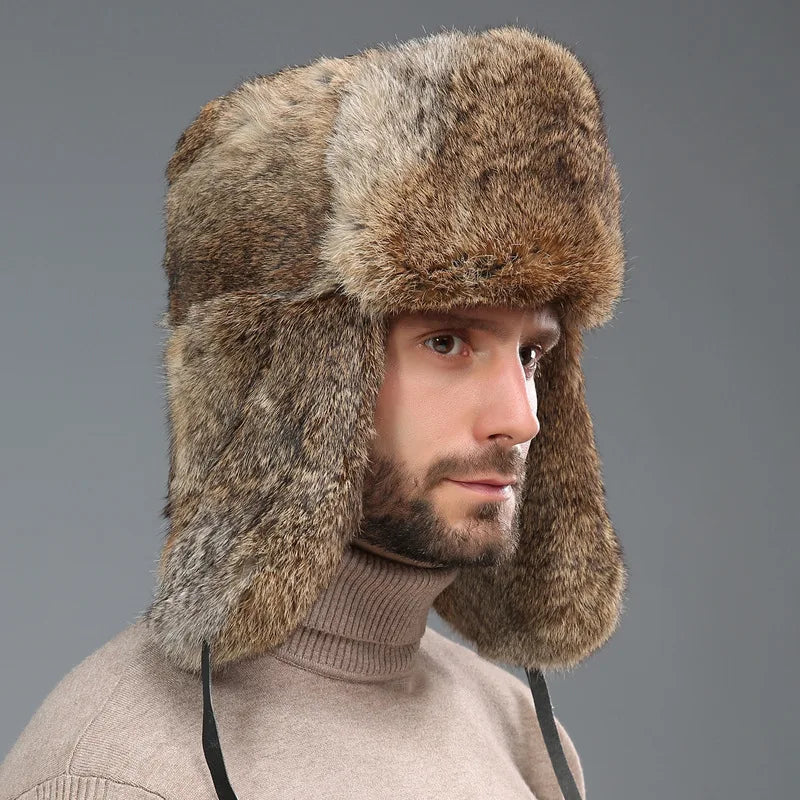 Russian Trapper Soviet Ushanka Bomber Hat Knitted Leather Earflap Fur Lined Winter Cap for Men Women