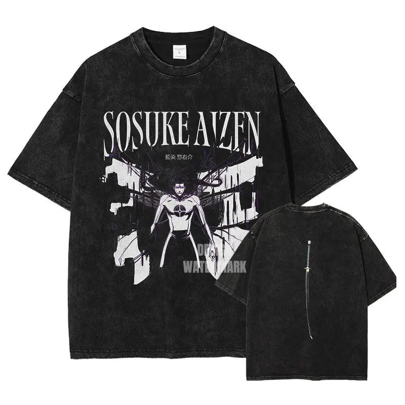 Anime B-Bleach T-Shirt Oversized Vintage Washed Zaraki Kenpachi T-Shirts Retro Harajuku Ichigo Rukia Tops Tees Man 100% Cotton
