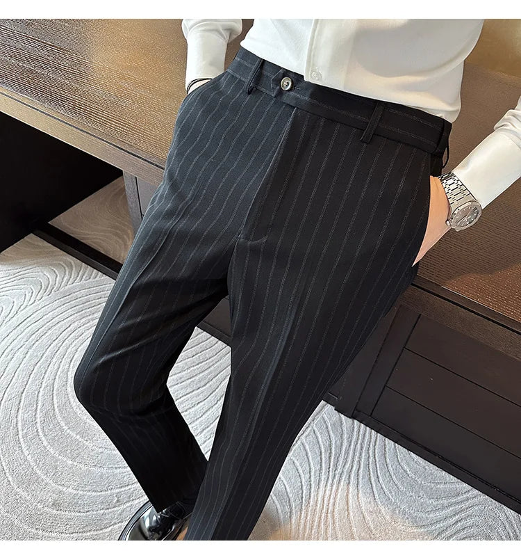 High Quality Striped Suit Pants 2025 Autumn New Fashion Slim Fit Business Elastic waisted Pants Male Wedding Party Trousers