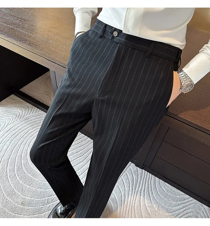 High Quality Striped Suit Pants 2025 Autumn New Fashion Slim Fit Business Elastic waisted Pants Male Wedding Party Trousers