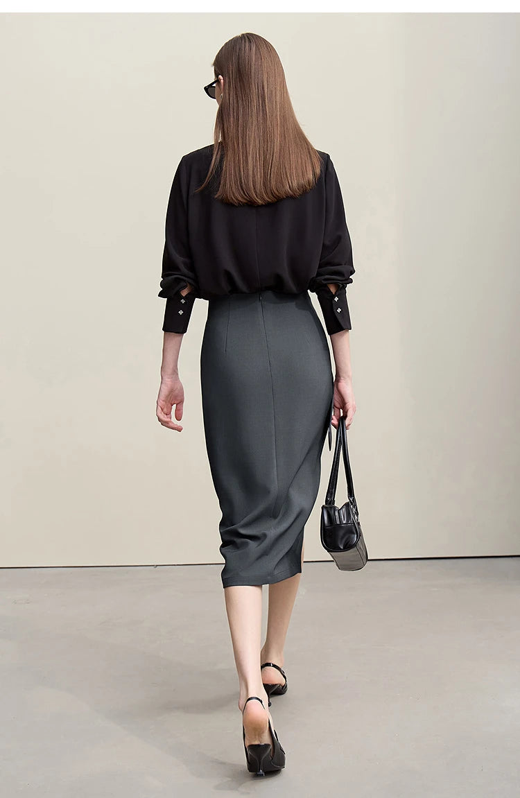Women's Skirt 2026 Spring New H-Line Elegant Anti-wrinkle Split Skirt Solid Mid-length Versatile Woman Clothes 12621005