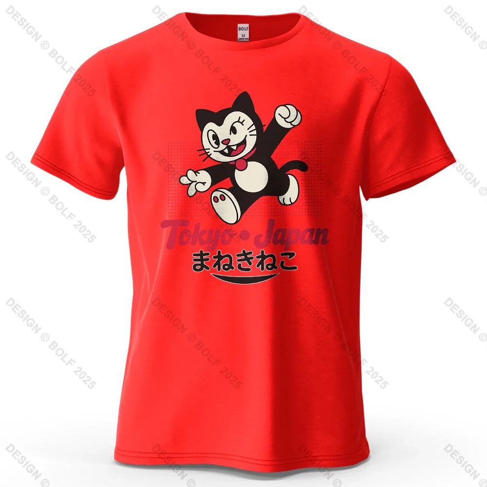 Tokyo Japan Maneki Neko Printed Men's T-Shirt 100% Cotton Oversized Cute Graphic Tees for Women Tops Tees Streetwear