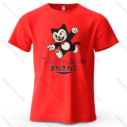 Tokyo Japan Maneki Neko Printed Men's T-Shirt 100% Cotton Oversized Cute Graphic Tees for Women Tops Tees Streetwear