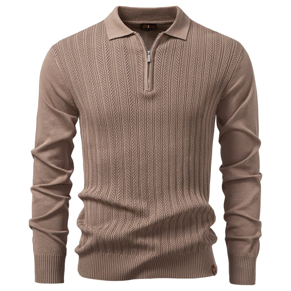 Premium Solid Color Polo Men Slim Fit Zip Long Sleeve Luxury Textured Fabric Business Casual Mens Sweatshirt