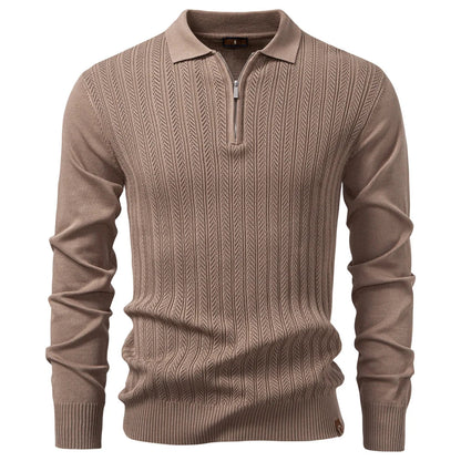 Premium Solid Color Polo Men Slim Fit Zip Long Sleeve Luxury Textured Fabric Business Casual Mens Sweatshirt