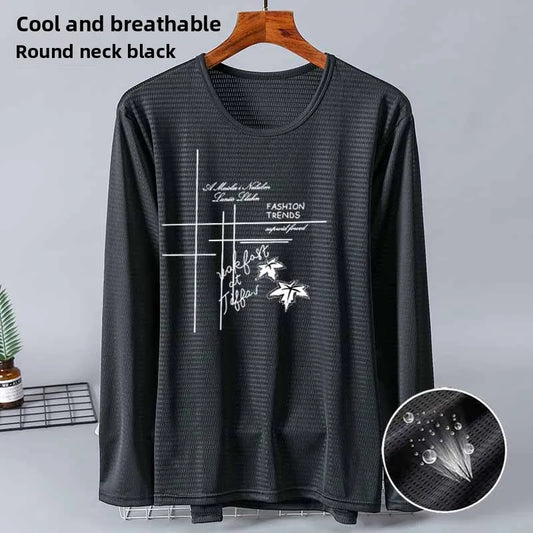 New 2025 Men's Ice Silk Breathable Sun Protection Hollow out Thin Long Sleeve Casual Sports T-Shirt Large Size Loose Fit