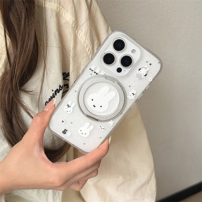 Rabbit 360° Rotatable Stand Phone Case Clear Glitter Shockproof Cover For iPhone 15 16 17 Pro Max For Girls