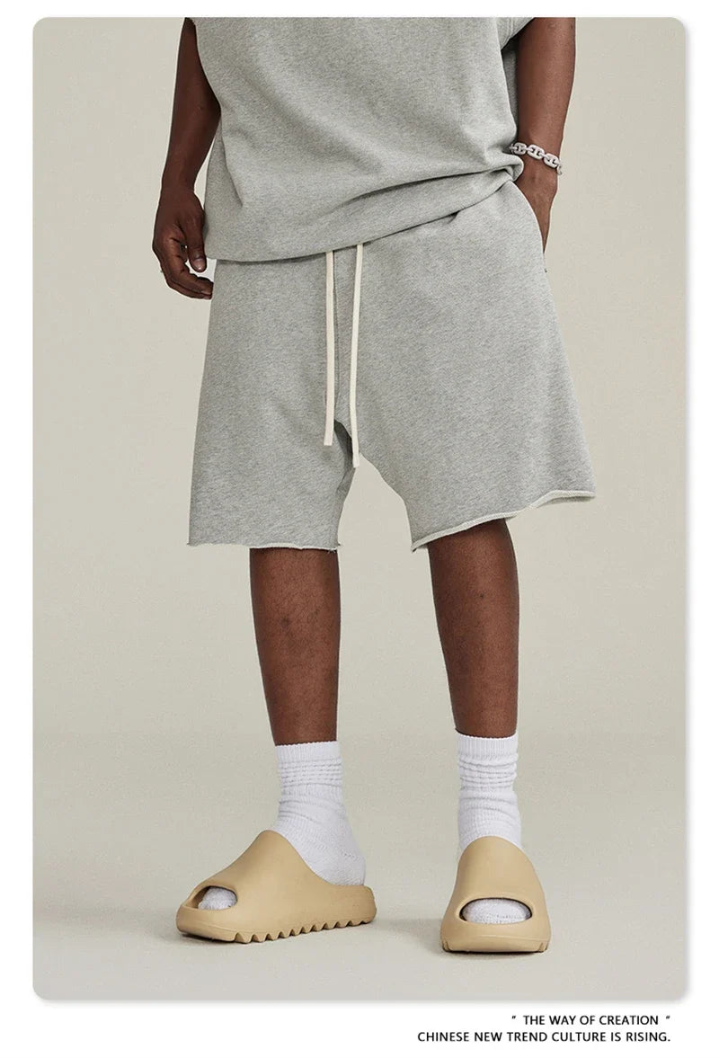 New Summer Men Retro Washed Shorts Unisex Drawstring Loose Edge 420gsm Solid Knee Length Cotton Pants Streetwears HY0589