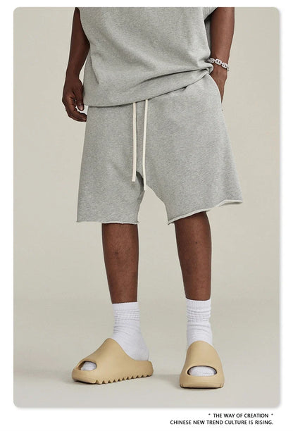 New Summer Men Retro Washed Shorts Unisex Drawstring Loose Edge 420gsm Solid Knee Length Cotton Pants Streetwears HY0589