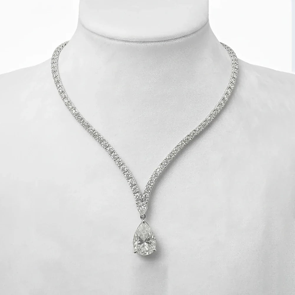 V-shape Moissanite Tennis Necklace for Women with 6Carat WaterDrop Pear Cut Diamond Pendant Riviera Necklace with Certificates
