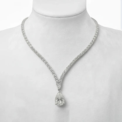 V-shape Moissanite Tennis Necklace for Women with 6Carat WaterDrop Pear Cut Diamond Pendant Riviera Necklace with Certificates