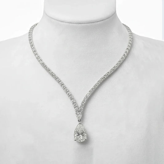 V-shape Moissanite Tennis Necklace for Women with 6Carat WaterDrop Pear Cut Diamond Pendant Riviera Necklace with Certificates