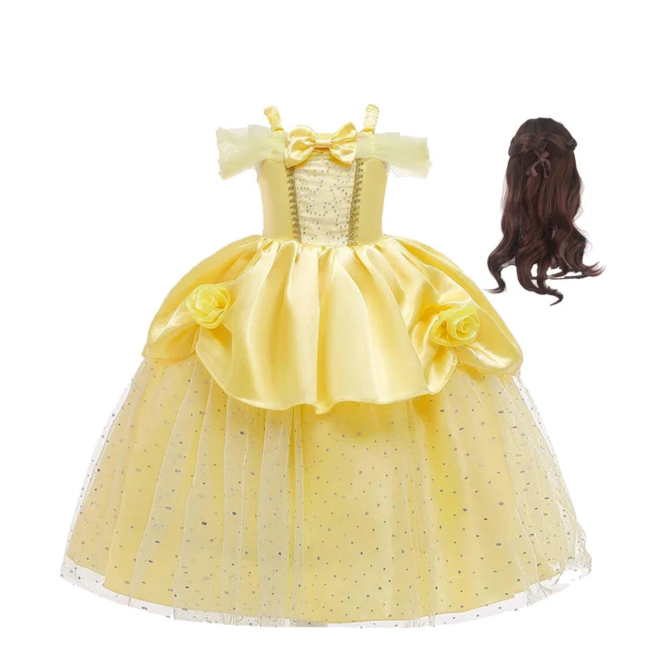 Girls Belle Cosplay Costumes Girls Dresses for Beauty Kids Party Clothing Magic Stick Crown Children Yellow Dress and The Beast