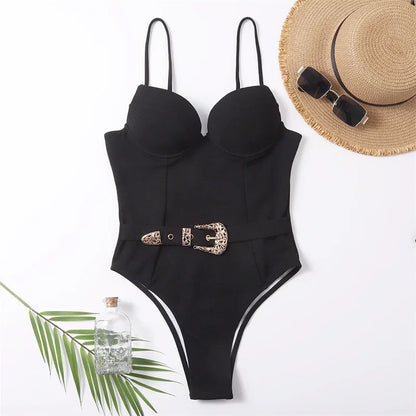 Sexy Push Up Underwire Swimwear Women Solid White Black Padded Buckle One Piece Swimsuit Beach Bathing Suit Bodysuit Monokini