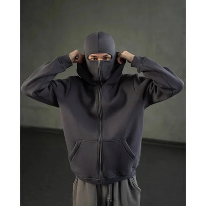 Balaclava Men Zip Hoodie Winter Warm Casual Sweatshirt Y2K with Hooded Face Mask Zipper Design Sports Jacket Outdoor Activities